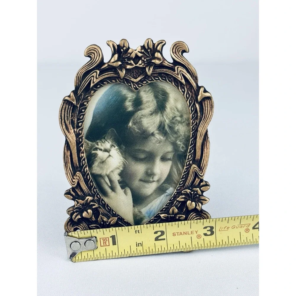 Ornate Vintage Bronze Metal Miniature Heart Floral Scroll Picture Frame